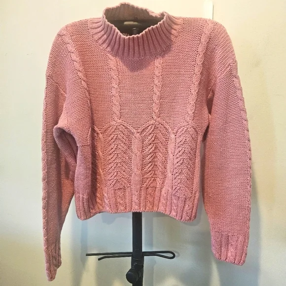 IDIOMS VINTAGE 80s WOMEN'S PINK CHUNKY CABLE KNIT TURTLENECK SWEATER SIZE MEDIUM - Picture 1 of 9